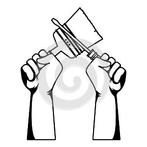 Construction workers hands holding tools in black and white