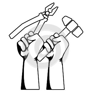 Construction workers hands holding tools in black and white