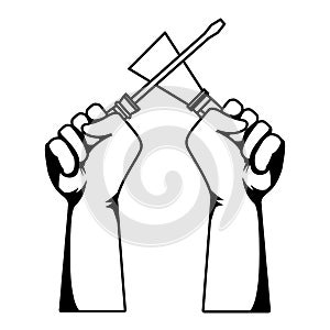 Construction workers hands holding tools in black and white