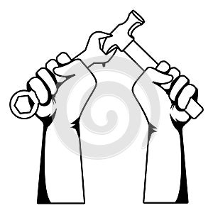 Construction workers hands holding tools in black and white