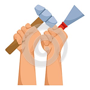 Construction workers hands holding tools