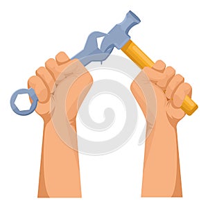 Construction workers hands holding tools