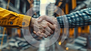 Construction Workers Handshake in Front of Building Under Construction