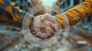 Construction Workers Handshake in Front of Building Under Construction