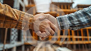 Construction Workers Handshake in Front of Building Under Construction