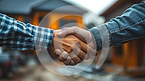 Construction Workers Handshake in Front of Building Under Construction
