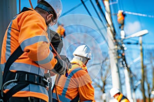 Construction workers in hard hats are repairing a power line under the blue sky