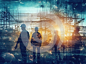 Construction workers in hard hats standing in front of a construction site