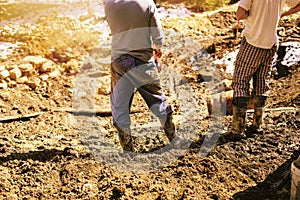 Construction workers having a break at building site.