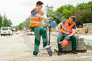 Construction workers having break