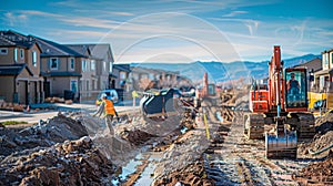 Construction workers and heavy machinery on a residential development site