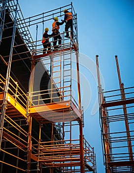 Construction Workers on Scaffolding at Dusk