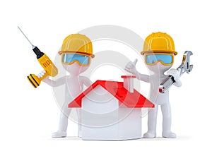 Construction Workers with home. Isolated. contains clipping path