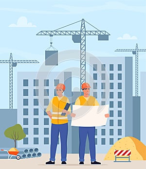 Construction workers, industrial technician builders over city construction site. Tower cranes building residential buildings. Man