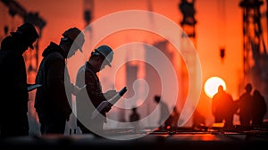 Construction workers inspecting blueprints at sunset on building site engineers