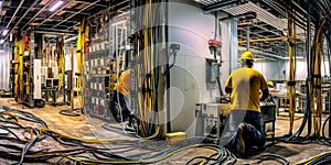 construction workers installing electrical systems and wiring in a building.