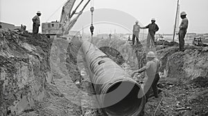 Construction Workers Installing a Large Pipe in a Trench