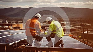 Construction workers installing solar panels on site, generative ai
