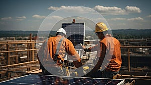 Construction workers installing solar panels on site, generative ai