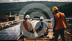 Construction workers installing solar panels on site, generative ai