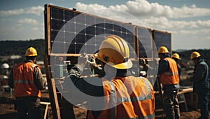 Construction workers installing solar panels on site, generative ai