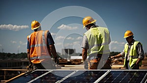 Construction workers installing solar panels on site, generative ai