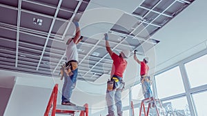 Construction Workers Installing Suspended Ceiling Panels