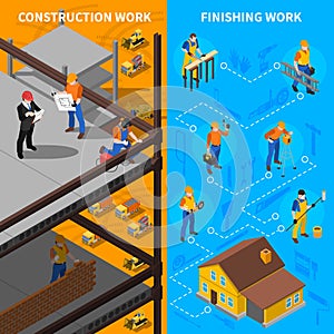 Construction Workers Isometric  Banners Set