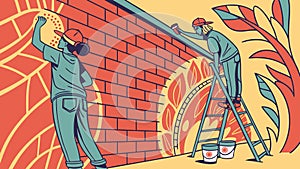 Construction Workers Laying Bricks on Building Wall, vector design Generative AI