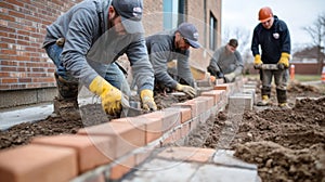 Construction Workers Laying Bricks for a New Wall