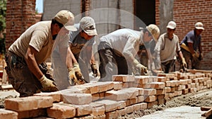 Construction Workers Laying Bricks for a Wall