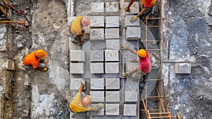 Construction Workers Laying Concrete Blocks on a Construction Site