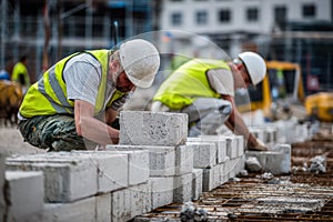 Construction Workers Laying Concrete Blocks for Foundation