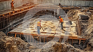 Construction Workers Leveling Concrete at a Construction Site