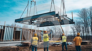 Construction Workers Lifting a Steel Beam with a Crane