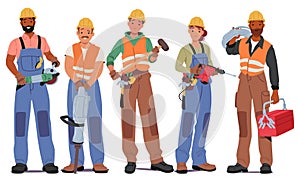 Construction Workers Male And Female Characters Stand In Row With Hammer, Drill, Toolbox, Grinder Tool And Wires