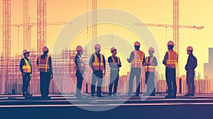 Construction Workers Meeting at Sunset on a Construction Site A group of construction workers in hard hats and safety vests
