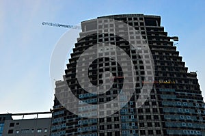 Construction workers in mobile hydraulic construction platform.