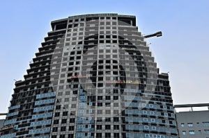 Construction workers in mobile hydraulic construction platform.