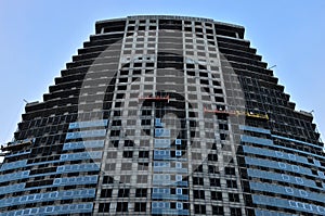 Construction workers in mobile hydraulic construction platform.