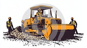 Construction Workers Operating Bulldozer Illustration