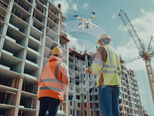 Construction Workers Operating a Drone at a Building Site
