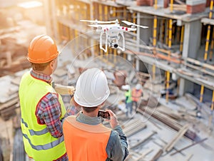 Construction Workers Operating Drone at Site