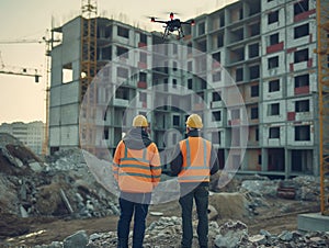 Construction Workers Operating Drone at Site