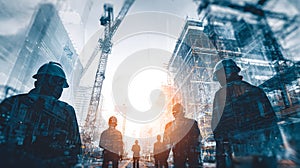 Construction workers overseeing a building project with cranes and scaffolding