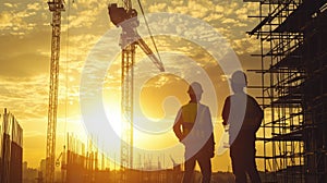 Construction Workers Overseeing Site at Sunset Silhouette.