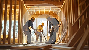 Construction Workers in a Partially Built House Framing