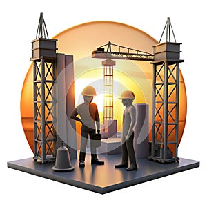 Construction workers planning on site at sunset, modern building project