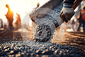 Construction workers pouring concrete on a building site at sunset