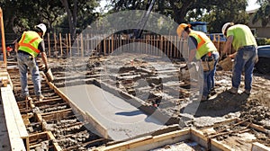 Construction Workers Pouring Concrete into Foundation Formwork